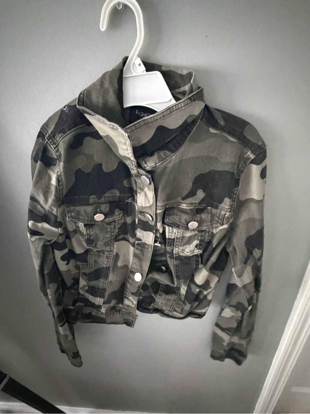 Fashion Nova Olive & Dark Green Camo Button Jacket